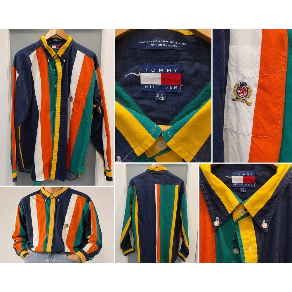 Vintage Tommy Hilfiger XL Colorblock Stripe Button Down Shirt 90s Spellout Flag